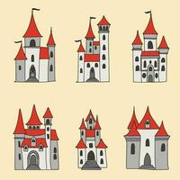 Collection of castles colored outline. Hand drawn castle in doodle style isolated on white background. Vector illustration.