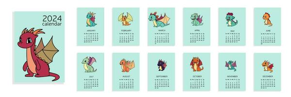 2024 calendar with cute little dragons. 2024 calendar A4 week start Sunday. Doodle dragon colored outline. Vector illustration.