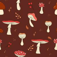 sin costura modelo con bosque hongos. rojo hongos con blanco puntos en marrón antecedentes. amanita muscaria ornamento. mosca agárico, bayas y hojas modelo. vector