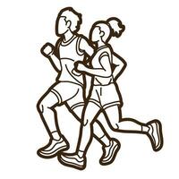 Outline People Running Together Man and Woman Runner Marathon Cartoon Sport Graphic Vector