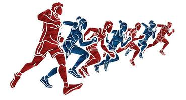 Group of People Running Together Man and Woman Runner Marathon Cartoon Sport Graphic Vector