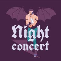 Rock, metal or grunge singer man wearing bat wings on stage. Dark background. Concert print and media advertising. Vector flat illustration