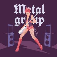 Rock, metal or grunge girl guitarist on stage, dark background. Concert print and media advertising. Vector flat illustration