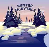 water flow between pine trees in a winter snowy landscape. Fairy Tail sunrise. Holiday season. Vector illustration