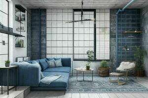 Modern industrial loft living room home interior. Pro Photo