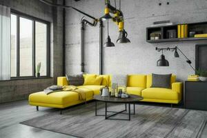 Modern industrial loft living room home interior. Pro Photo