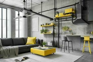 Modern industrial loft living room home interior. Pro Photo