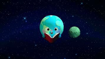 Planet Earth reading a book with the moon orbiting in space video