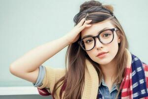 Hipster student woman wearing eyewear glasses. Pro Photo