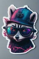 Cute realistic raccoon wearing a motorcycle helmet and sunglasses. Sticker illustration. AI generated. photo