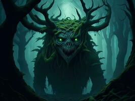 3D rendering of a monster in a spooky dark forest. AI generated. photo