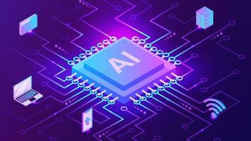 Isometric artificial intelligence, ai analysis with processor chip. vector