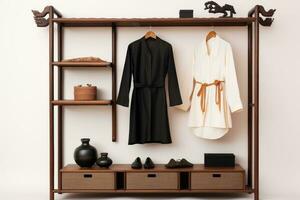 Clothes hanging in row in open wardrobe photo