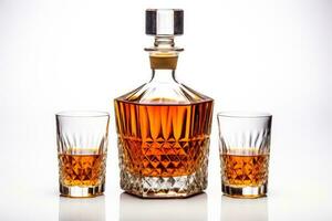 Decanter with whiskey or cognac and a glass on a white background photo