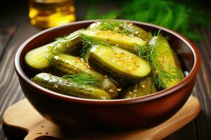 Homemade fermented pickled cucumbers in a plate. photo