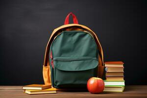 School bag and textbooks in front of a blackboard on a school desk. Back to school concept. photo