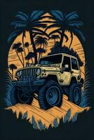 Vintage monster truck on a background of palm trees, vector illustration. AI generated. photo