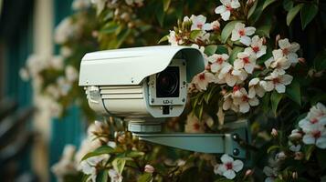 Security camera in front of house with flowers in the foreground. photo