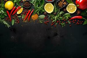 Food background. Top view of olive oil, paprika, herbs and spices on rustic black slate. photo