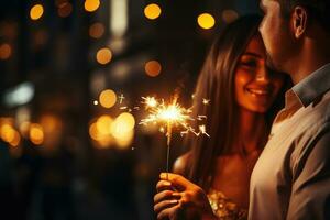 Glowing sparkler in hands on background of golden lights photo