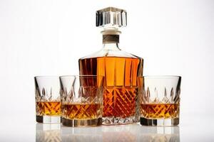 Decanter with whiskey or cognac and a glass on a white background photo