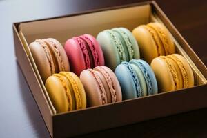 Macarons in paper box. Generative AI photo