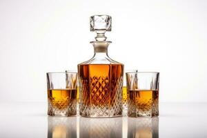 Decanter with whiskey or cognac and a glass on a white background photo