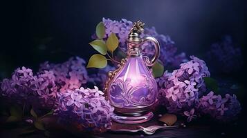 perfume botella con lila flores foto