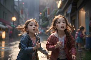 dos asiático pequeño muchachas corriendo en el lluvia, estilo de vida y amistad concepto. ai generado. foto
