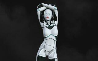 3d illustration of A woman AI cyborg pose on black background with clipping path. AI project. photo