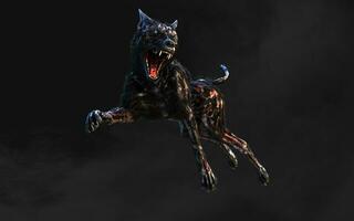 3d illustration of undead Zombie dog with clipping path. Dangerous revived animal with creepy expression on dark background. photo