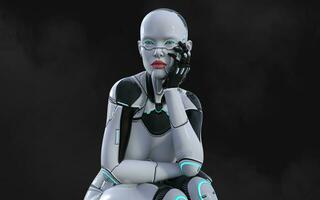 3d illustration of A woman AI cyborg pose on black background with clipping path. AI project. photo