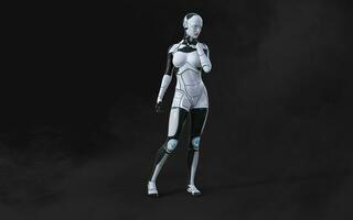 3d ilustración de un mujer ai cyborg actitud en negro antecedentes con recorte camino. ai proyecto. foto