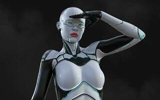 3d illustration of A woman AI cyborg pose on black background with clipping path. AI project. photo