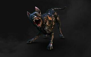 3d illustration of undead Zombie dog with clipping path. Dangerous revived animal with creepy expression on dark background. photo