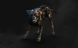 3d illustration of undead Zombie dog with clipping path. Dangerous revived animal with creepy expression on dark background. photo