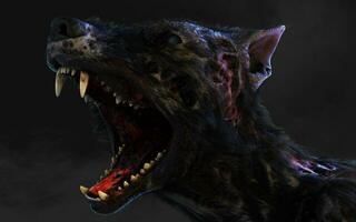 3d illustration of undead Zombie dog with clipping path. Dangerous revived animal with creepy expression on dark background. photo