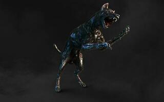 3d illustration of undead Zombie dog with clipping path. Dangerous revived animal with creepy expression on dark background. photo