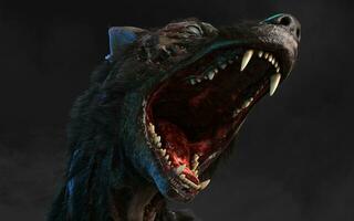 3d illustration of undead Zombie dog with clipping path. Dangerous revived animal with creepy expression on dark background. photo