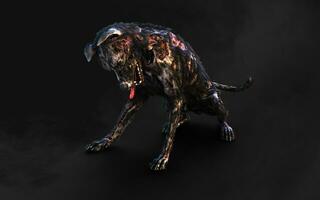 3d illustration of undead Zombie dog with clipping path. Dangerous revived animal with creepy expression on dark background. photo