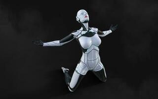 3d illustration of A woman AI cyborg pose on black background with clipping path. AI project. photo