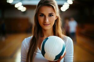 Volleyball ball in hands of a female player standing in gym. Generative AI photo