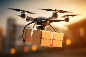 A drone carrying a package ready for delivery. photo