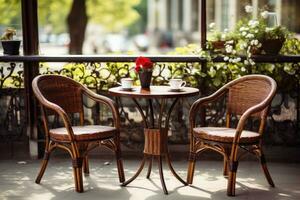 Wicker chairs and a metal table in an outdoor summer cafe photo