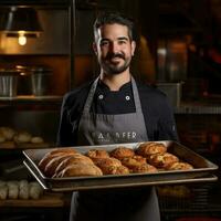 Baker holding a tray full of breads inside a bakery photo