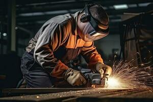 Industrial worker wearing protective clothing and mask welding metal in factory. Generative AI photo