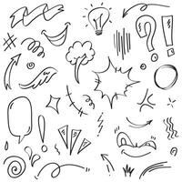 Vector set of hand-drawn cartoony expression sign doodle, curve directional arrows, emoticon effects design elements, cartoon character emotion symbols, cute decorative brush stroke lines.