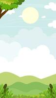 Sky blue with cloud background,Spring landscape with green grass field and tree on mountain,Vertical Nature Summer rural with copy space,Cute Cartoon vector illustration backdrop banner for Easter