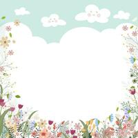 primavera antecedentes con linda flor frontera en azul cielo y blanco nube fondo, vector ilustración fondo de floreciente flora marco, vacaciones bandera para Semana Santa, primavera, verano promoción de venta