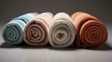 Rolled and prepared towels for guest use. photo